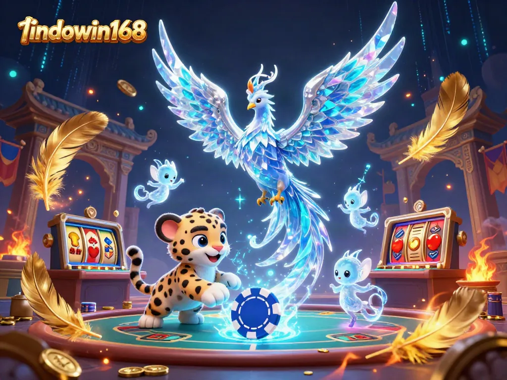 Play thrilling games at indowin168 with an immersive illustration of casino elements and magical creatures.
