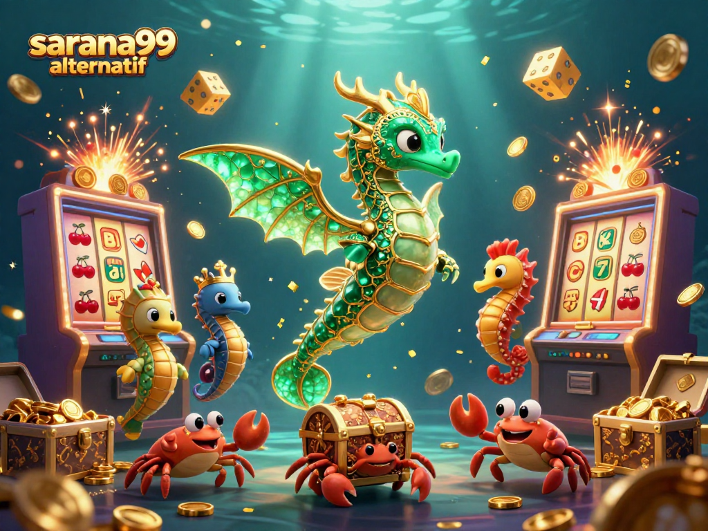 Sarana99 alternatif showcases a mesmerizing underwater casino scene with vibrant sea creatures and slot machines filled with coins.