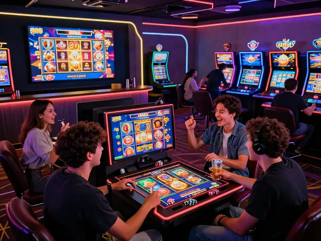 Friends celebrating a win in an online casino with slot88 games, vibrant atmosphere.