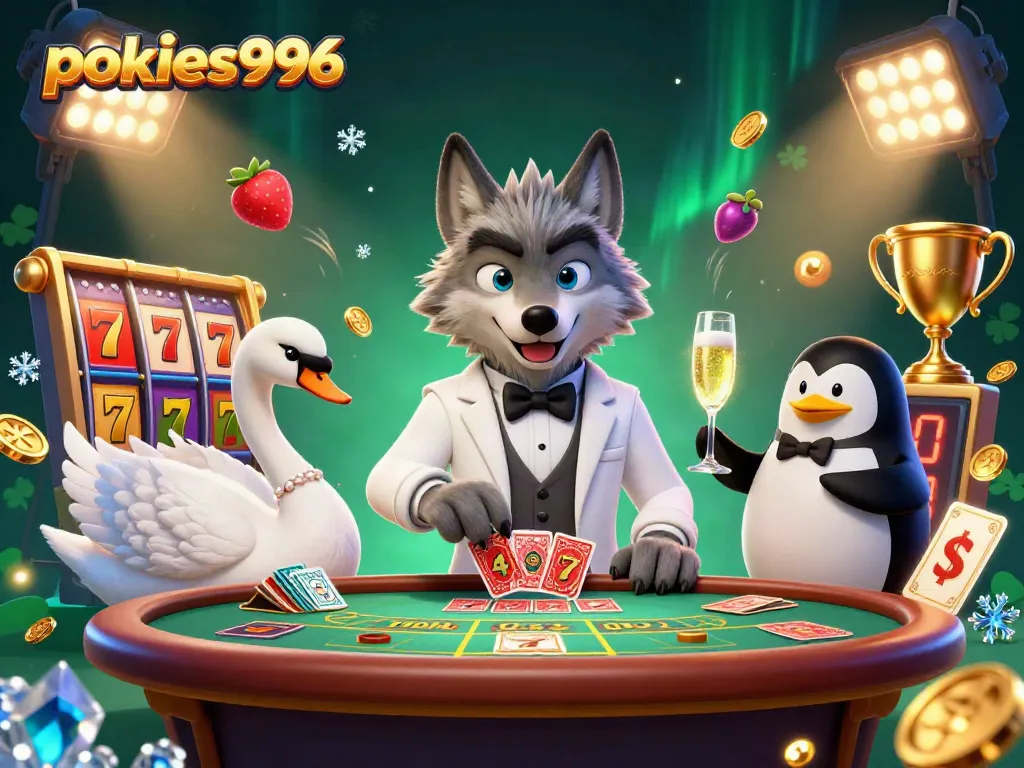 Experience the excitement of pokies996 with vibrant characters at a dynamic casino scene.