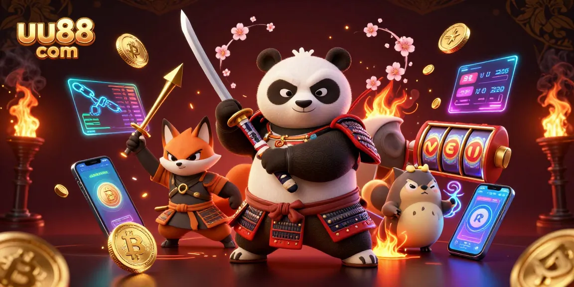 Engage in thrilling gameplay at uu88 com with samurai panda and ninja fox amidst glowing cryptocurrency.