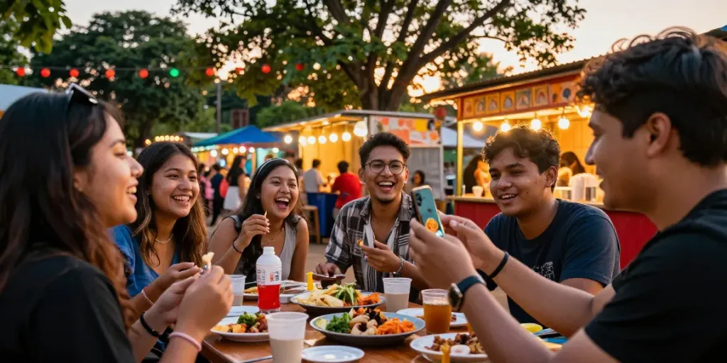 Kediritoto pengalaman sosial dengan teman-teman menikmati makanan lokal dalam suasana matahari terbenam yang cerah.