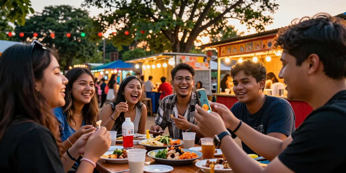 Kediritoto pengalaman sosial dengan teman-teman menikmati makanan lokal dalam suasana matahari terbenam yang cerah.