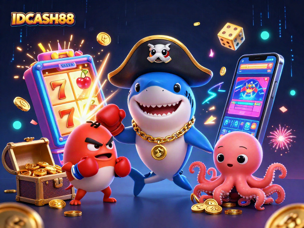 Engage with exciting casino adventures at IDCASH88 featuring a playful shark, pufferfish, and octopus enjoying a jackpot!