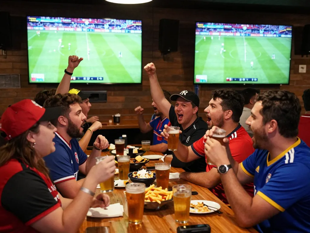 Cheering fans watching live football on Socolive, celebrating goals with drinks and snacks
