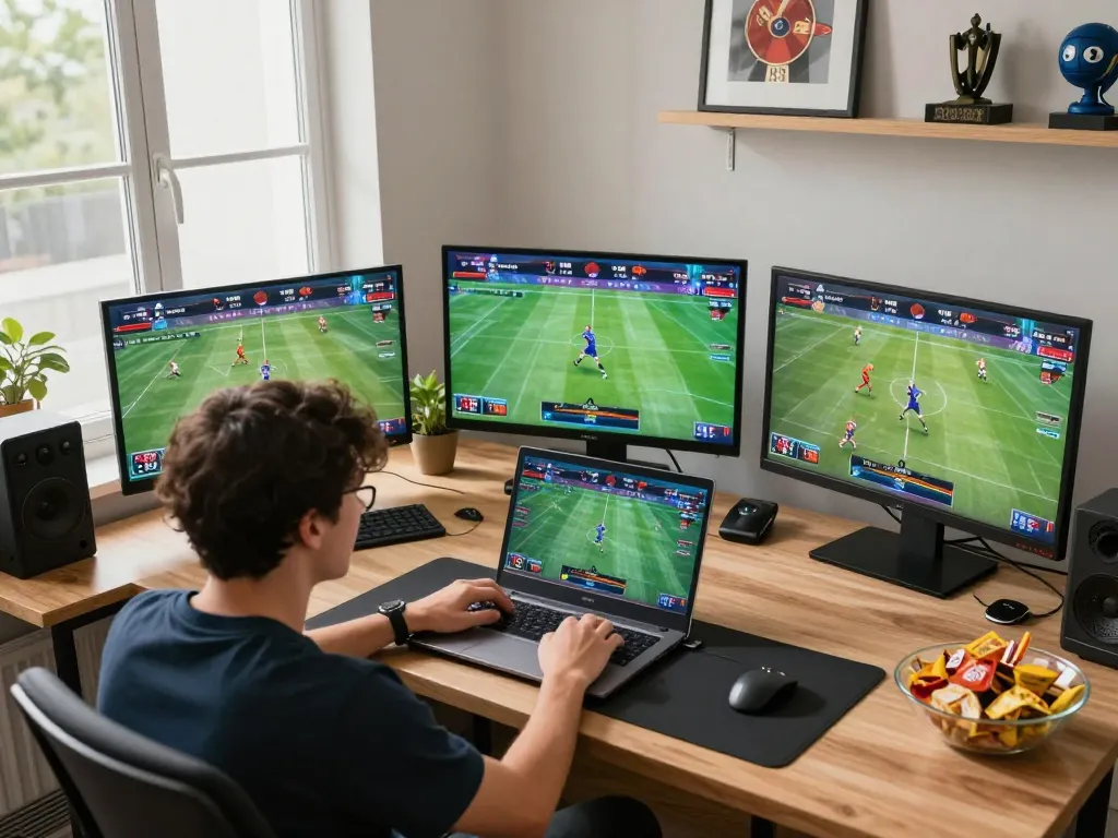 Sunwin user engaging in online sports betting with multiple screens showcasing live games