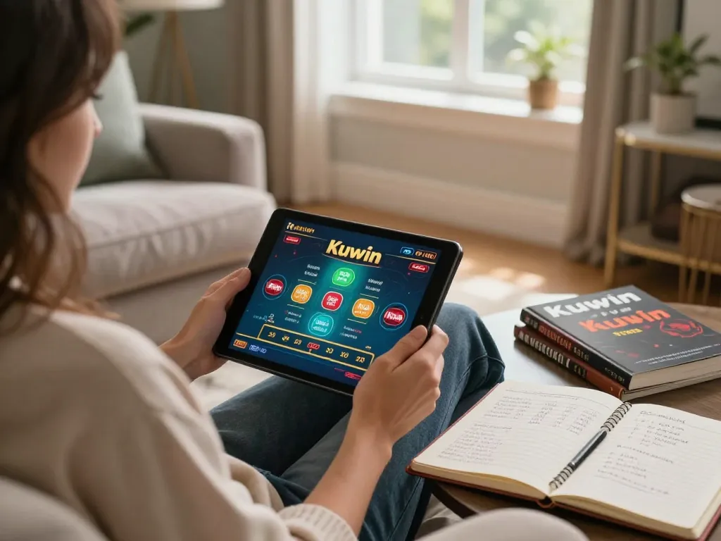 Kuwin player enjoying live dealer gaming on a tablet at home, showcasing responsible gaming.