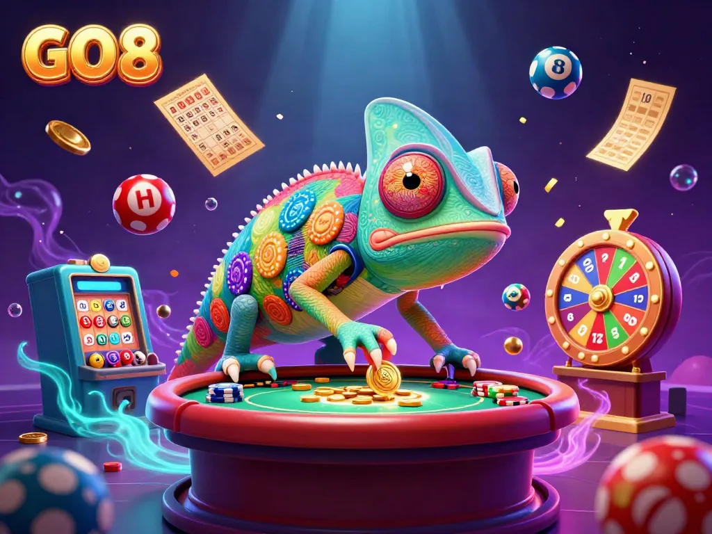 Experience GO 8 in a vibrant chameleon casino scene filled with dynamic gaming elements.