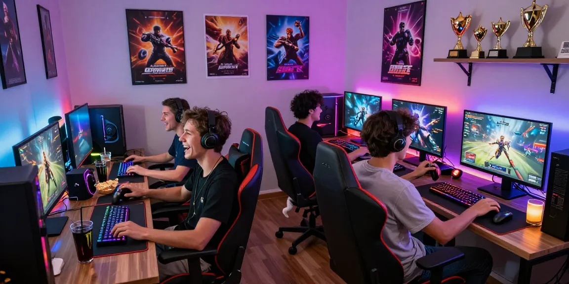 Ruang bermain game dengan teman, suasana seru, ligagalaxy dan konsol modern.