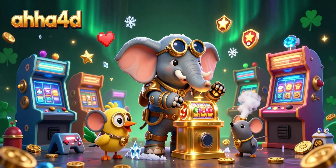 Engage with the thrilling world of ahha4d, featuring a steampunk elephant operating a golden slot machine, amidst colorful arcade elements.