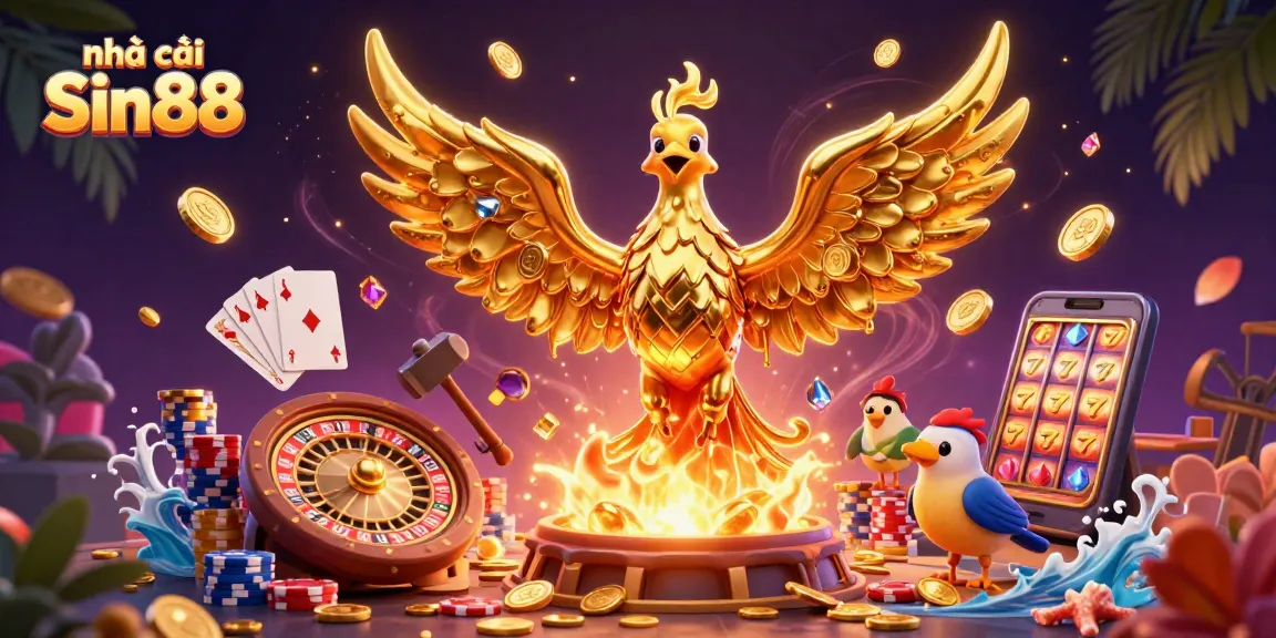Experience the thrill of gaming at nhà cái Sin88 with dynamic 3D casino artwork full of vibrant elements.