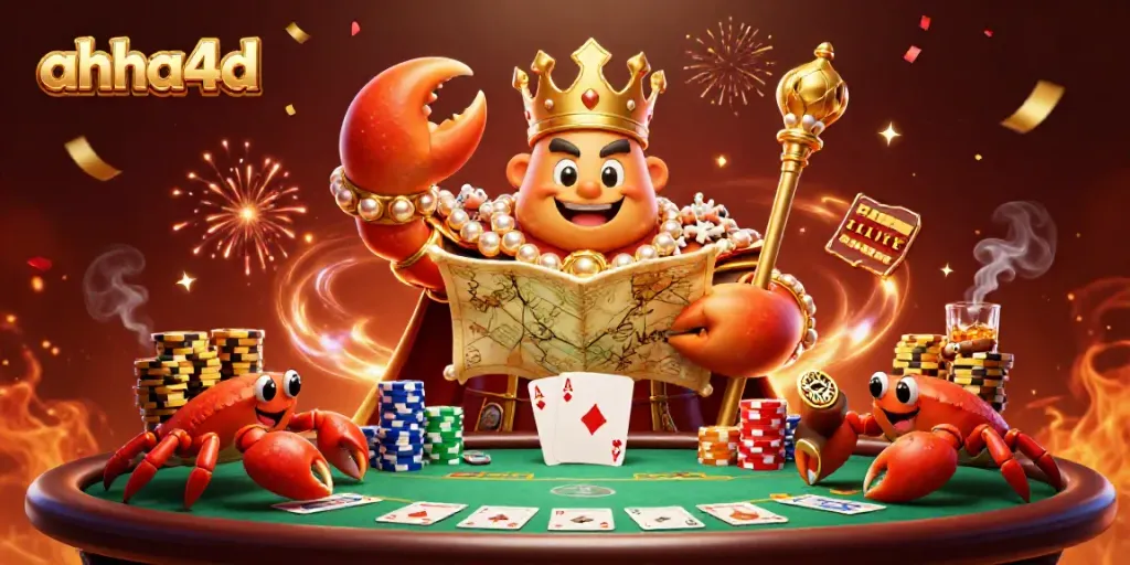 Ahha4d menghadirkan ilustrasi kasino dengan kepiting emas raksasa dan elemen poker.