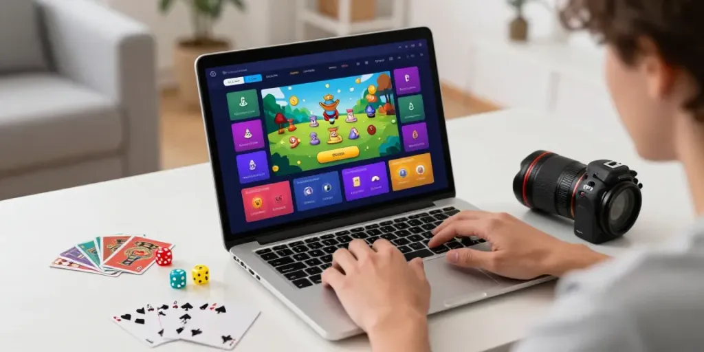 Pengguna terlibat dalam permainan online alexistoto dengan laptop, kartu, dan dadu di sekitarnya.