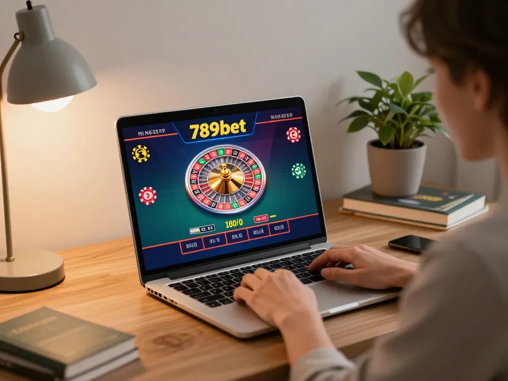 Engaging in online casino betting at 789bet with roulette game displayed on laptop screen.