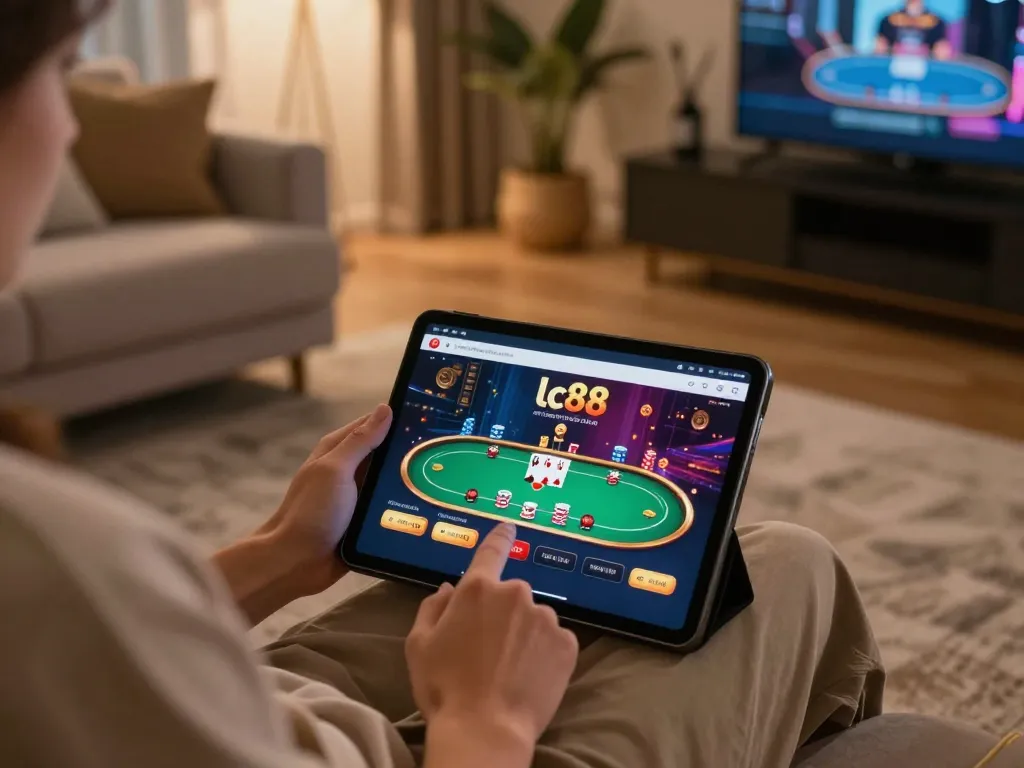 Person engaging in lc88 online casino gaming on a tablet, poker game on screen