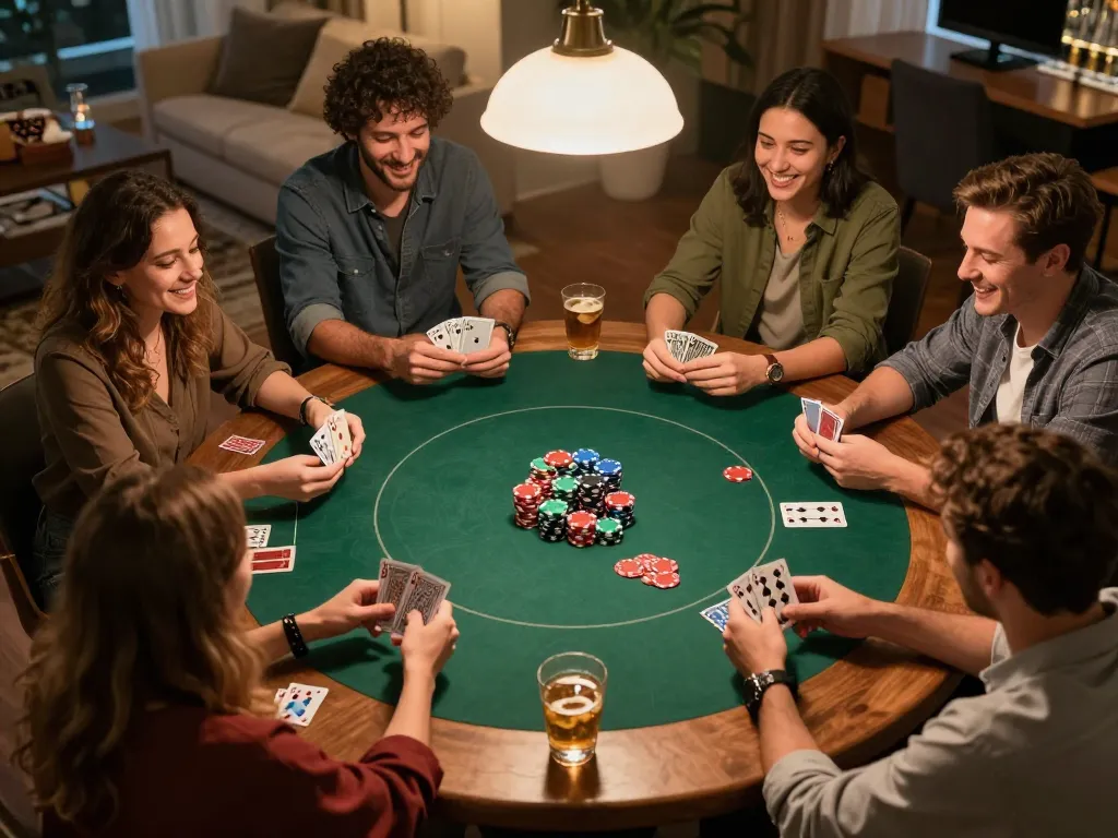 Friends engaged in a thrilling poker game at home while discussing strategies for samsonbet86.