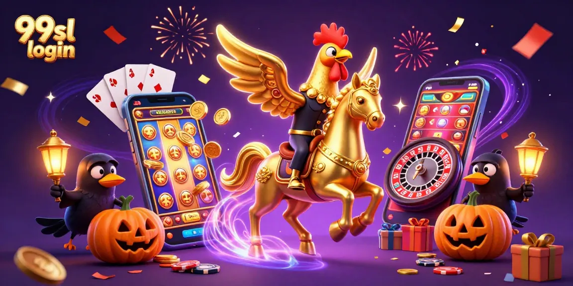 Experience the thrill with 99sl login featuring a golden rooster in a vibrant casino scene.