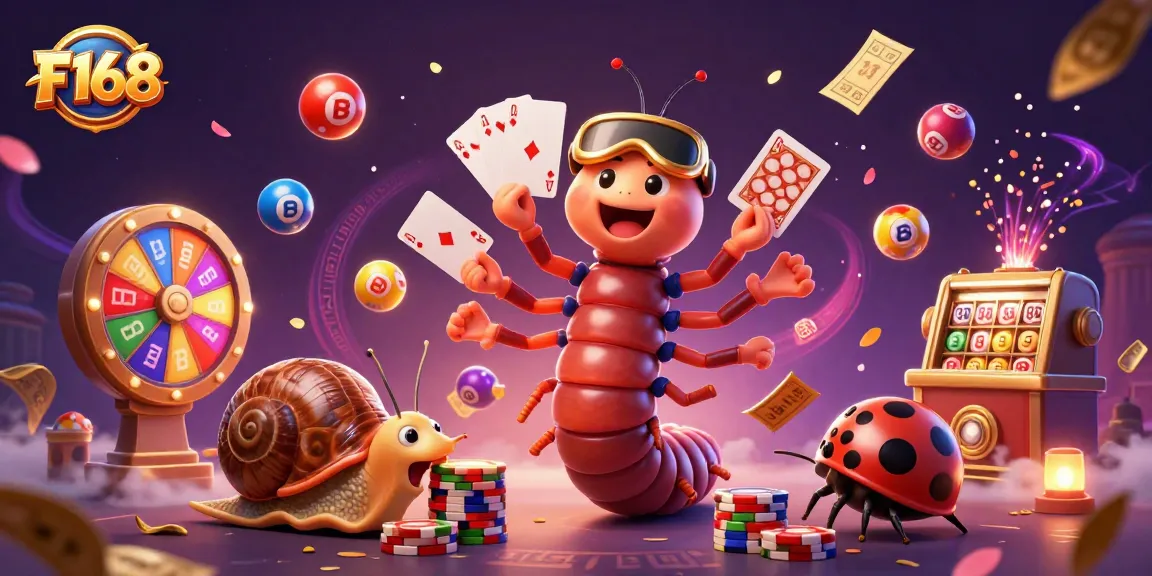 Experience thrilling gameplay at F168 with a lively cartoon millipede dealer and vibrant game elements.