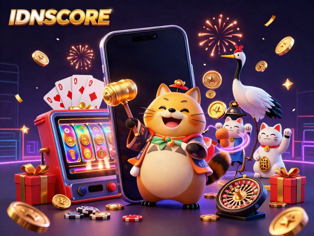 Experience vibrant gaming with IDNSCORE featuring a cheerful tanuki and lucky symbols in a festive atmosphere.