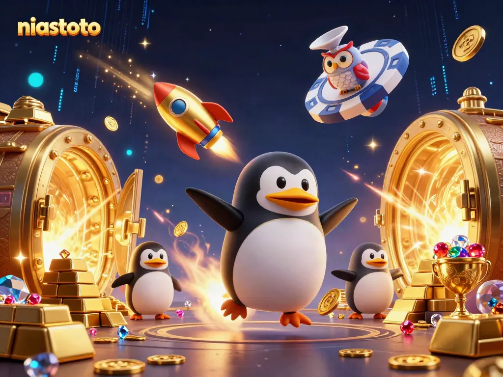 Penguin emas bertenaga roket menjelajahi ruang angkasa, menembakkan koin ke kasino niastoto.