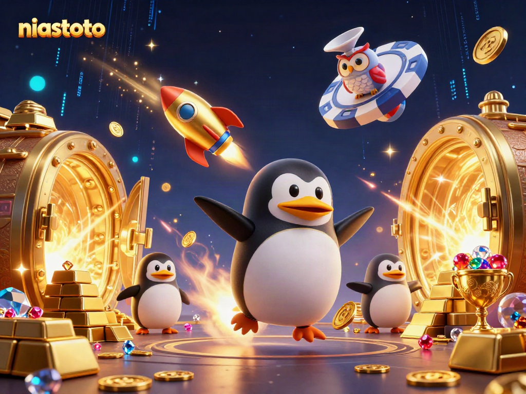 Penguin emas bertenaga roket menjelajahi ruang angkasa, menembakkan koin ke kasino niastoto.