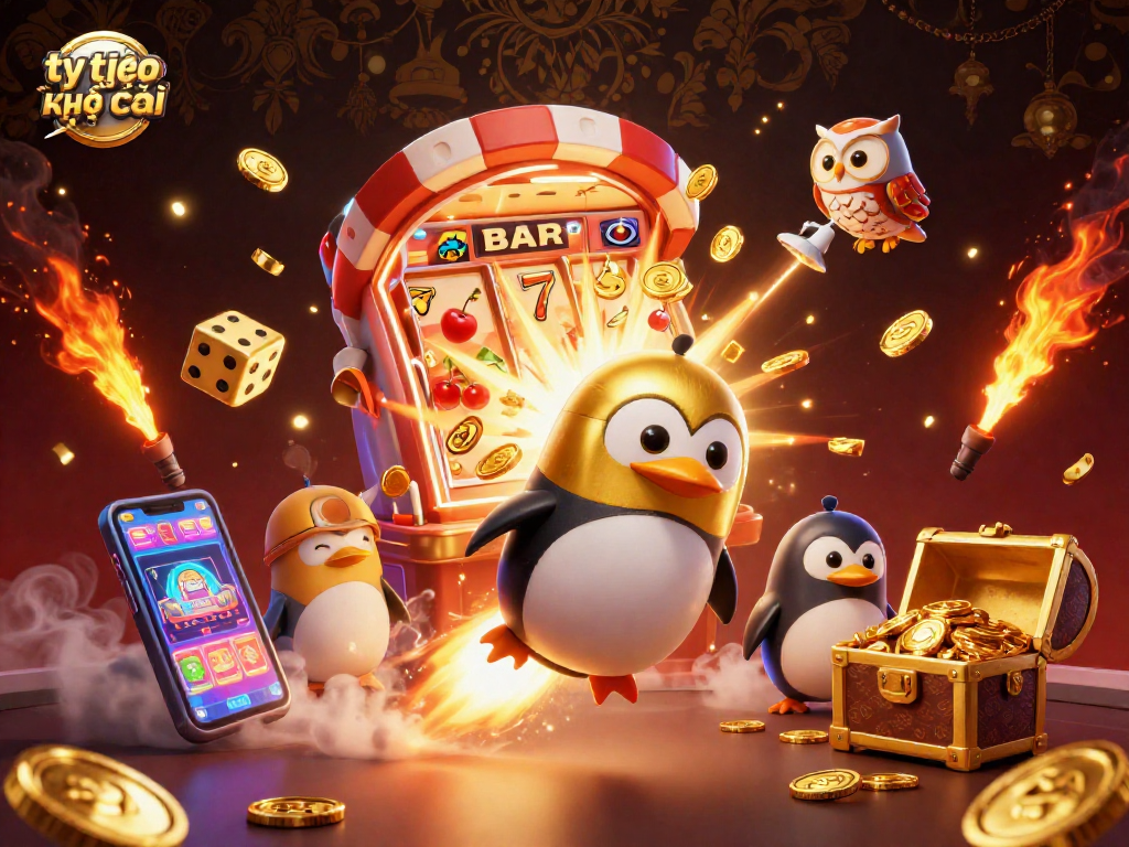 Engage in tỷ lệ kèo nhà cái with a vibrant 3D illustration of a rocket-powered penguin and dynamic casino elements