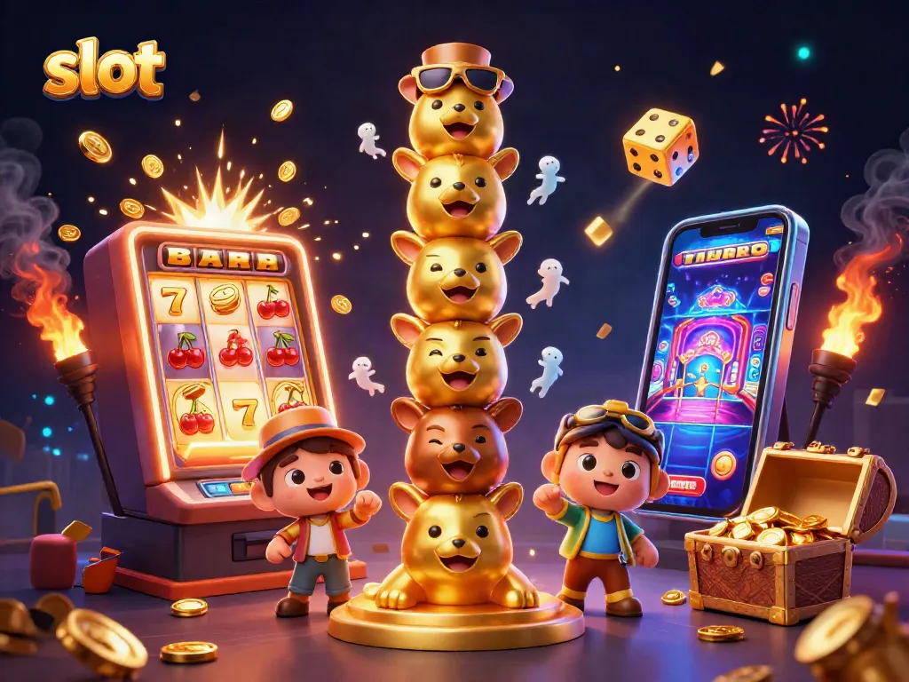 Menangkan slot jackpot dengan mesin slot besar dan totem berkilau memikat di tengah gemerlap.