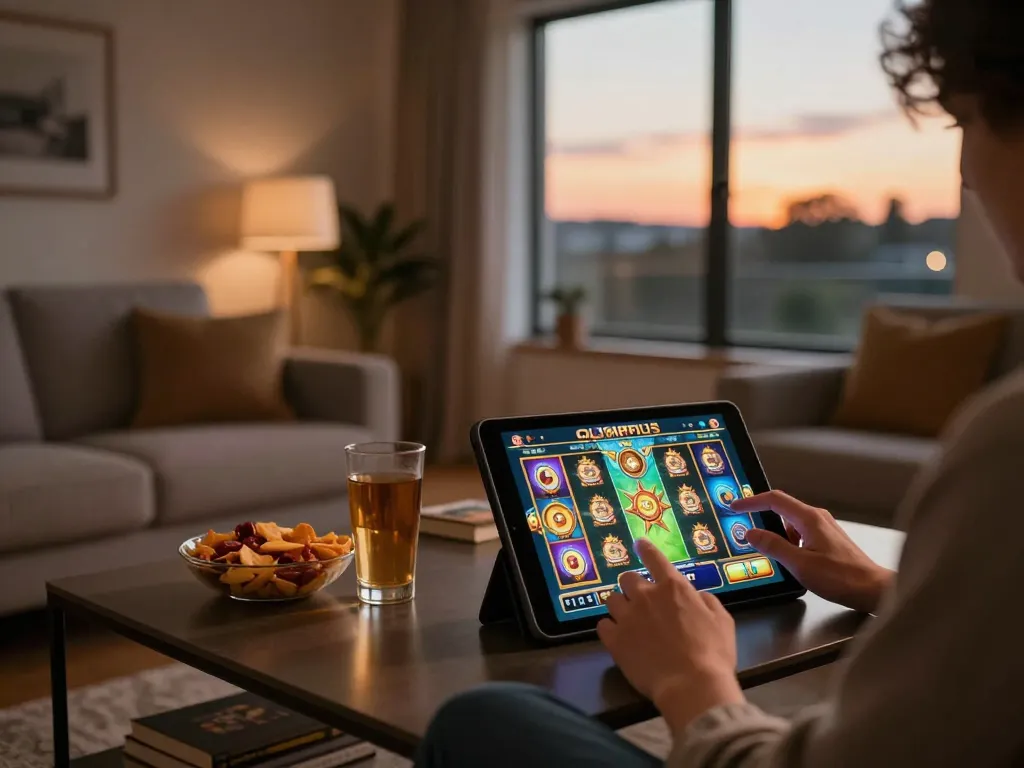 Engaging with slot olympus on a tablet during a cozy home gaming session, showcasing vibrant game graphics.