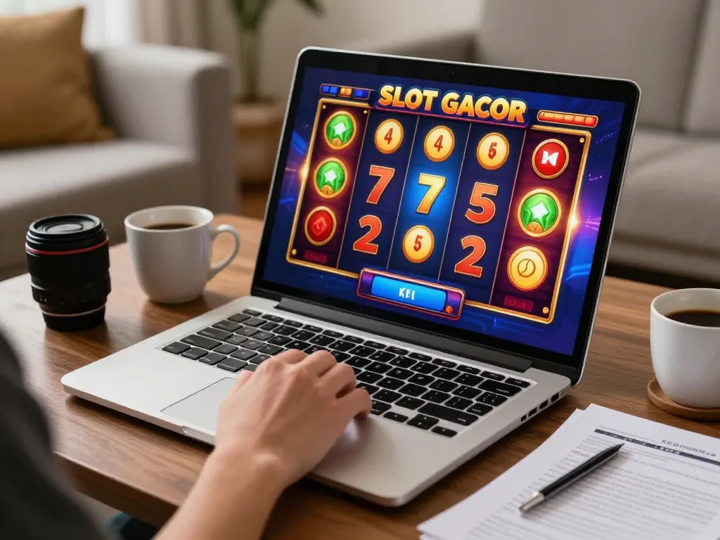 Player enjoying Slot Gacor on laptop, highlighting vibrant graphics and excitement.