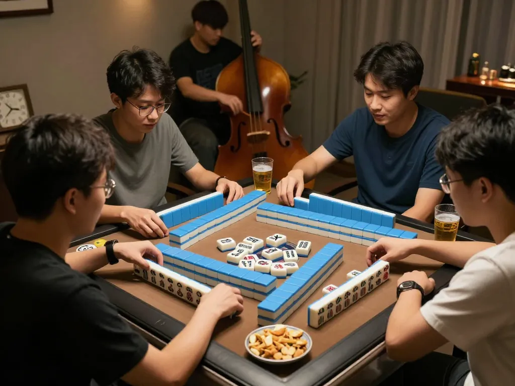 Adegan permainan pola andalan mahjong ways dengan pemain yang menikmati malam strategis, ubin yang berwarna-warni dan suasana yang nyaman.
