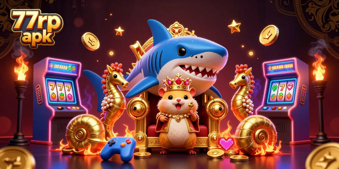 Engage with the vibrant 77rp apk game scene featuring a golden hamster king on a megalodon throne.