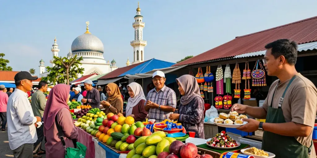 Suasana pasar Cirebon Toto dengan berbagai penjual dan pembeli berbincang, menampilkan kegiatan lokal yang penuh warna.