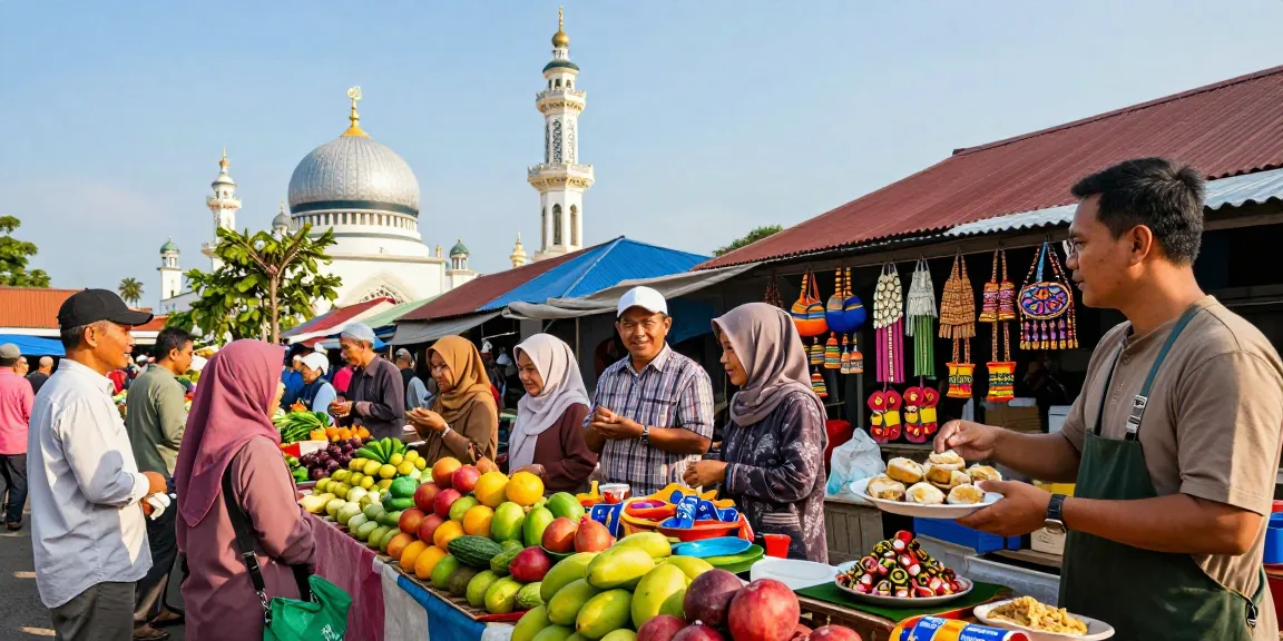 Suasana pasar Cirebon Toto dengan berbagai penjual dan pembeli berbincang, menampilkan kegiatan lokal yang penuh warna.