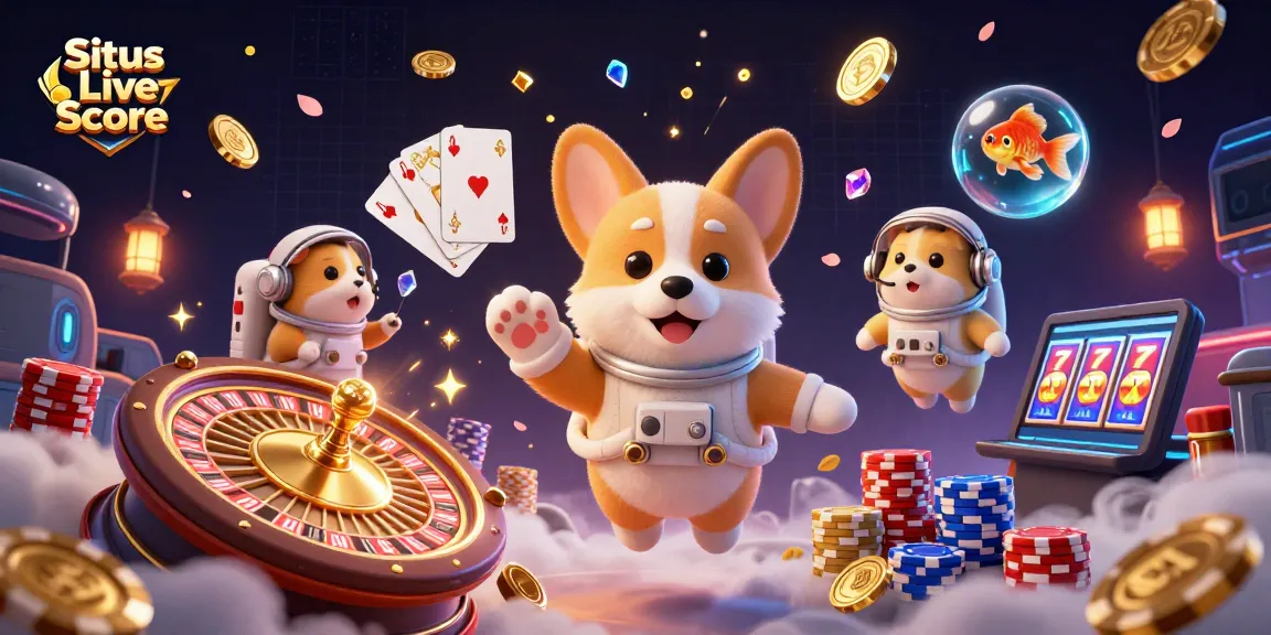 Situs Live Score highlights thrilling moments with a 3D astronaut corgi in a casino setting.