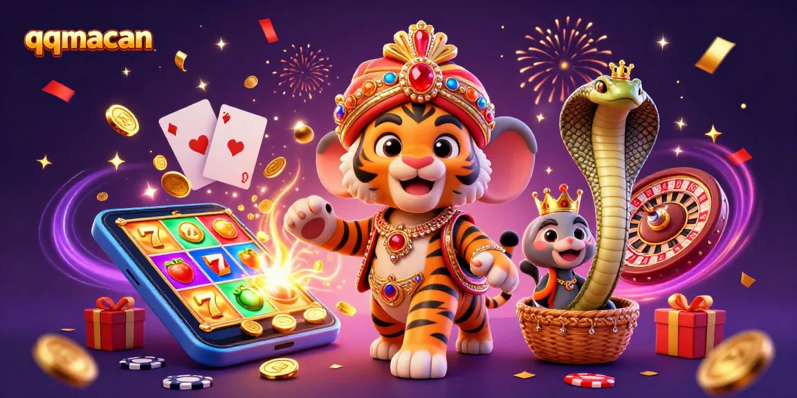 Engage with qqmacan's exciting casino experience featuring vibrant characters and casino elements in action.