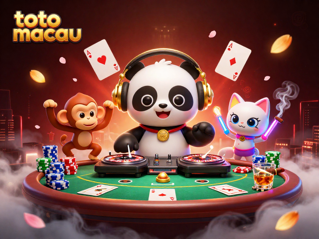 Menggunakan toto macau, DJ panda 3D menari di sekitar meja poker sambil dikelilingi chip warna-warni.