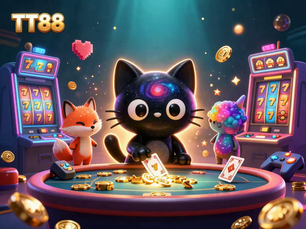Experience thrilling casino magic with TT88 featuring a cosmic casino scene with a black hole cat and slot machines.