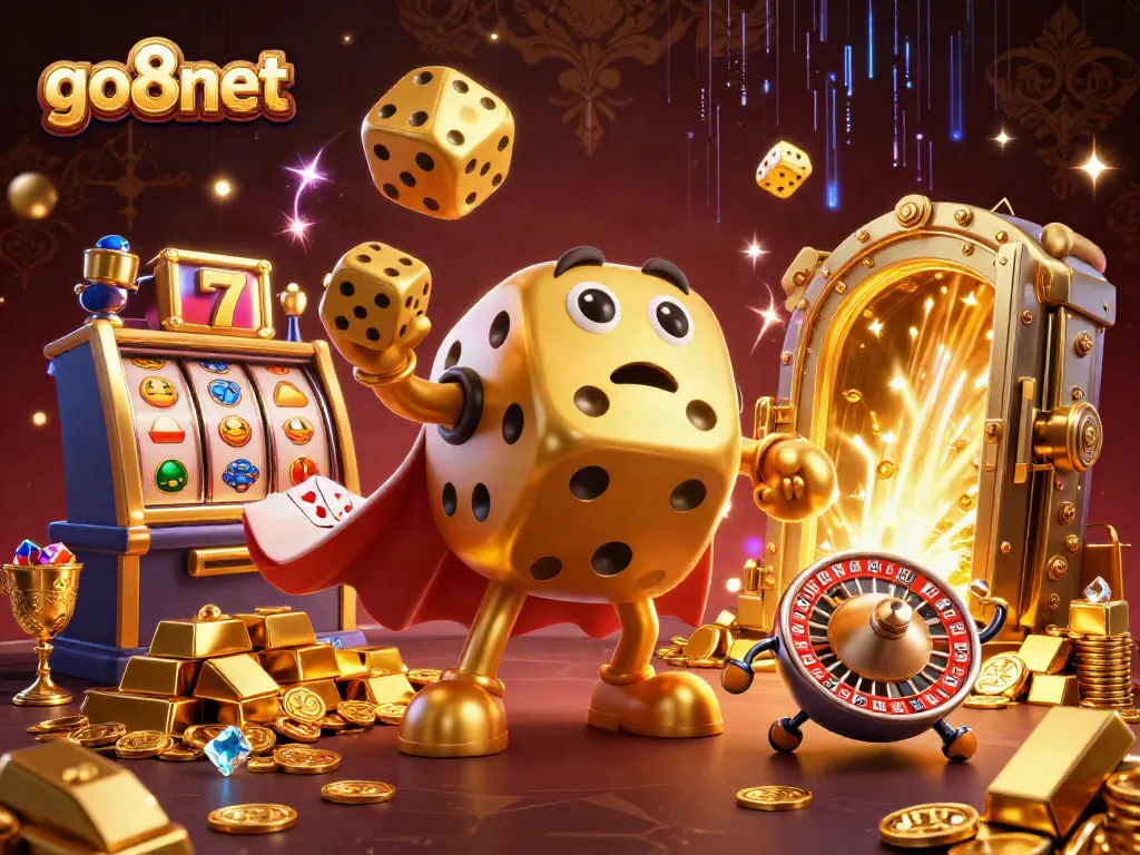 Experience thrilling gameplay as go8net's golden dice golem juggles upscale casino elements.