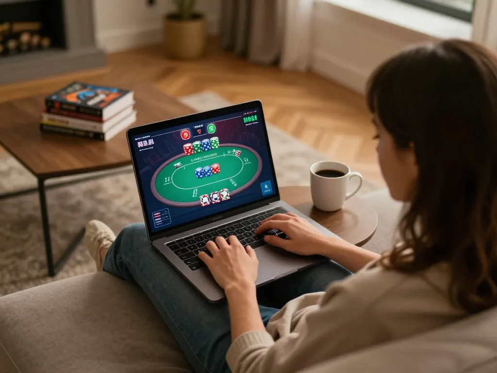 Player engaging in online casino gaming at home using tr88seo for a vibrant poker experience.
