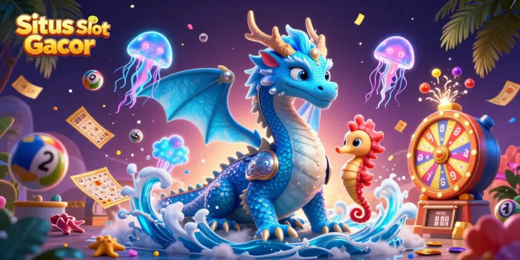 Situs Slot Gacor menampilkan ilustrasi raja naga air biru 3D yang megah dengan seahorse kesatria dalam armor karang dan ubur-ubur neon berkelap-kelap.