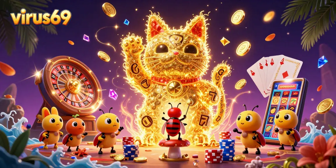 Experience winnings with virus69's vibrant 3D lucky cat casino illustration showcasing exciting game elements.