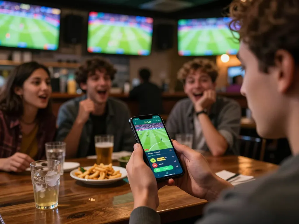 BONGDALU mobile sports betting app in use during a live football match watch party.