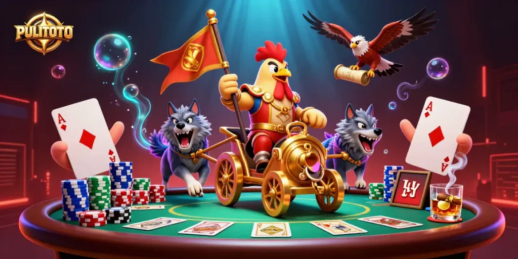 PULITOTO's dynamic 3D animated rooster warlord leads a fierce poker battle in a vibrant casino scene.