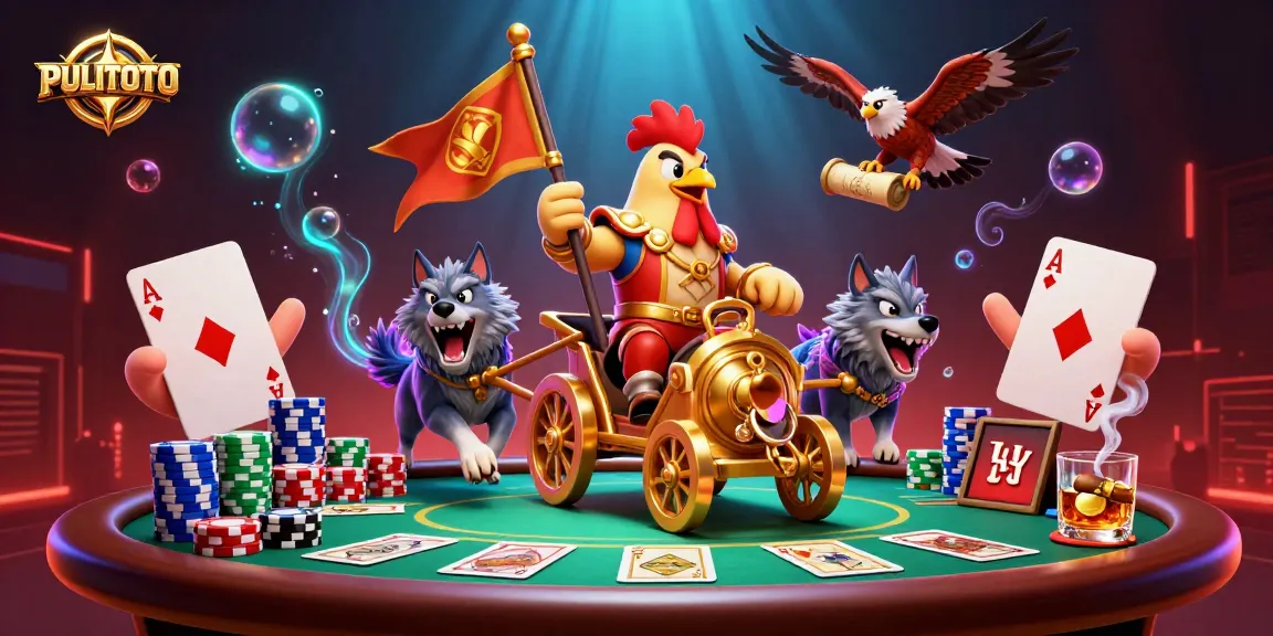 PULITOTO's dynamic 3D animated rooster warlord leads a fierce poker battle in a vibrant casino scene.