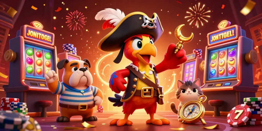 Experience thrilling gameplay at JONITOGEL with vibrant slots and festive pirate characters.