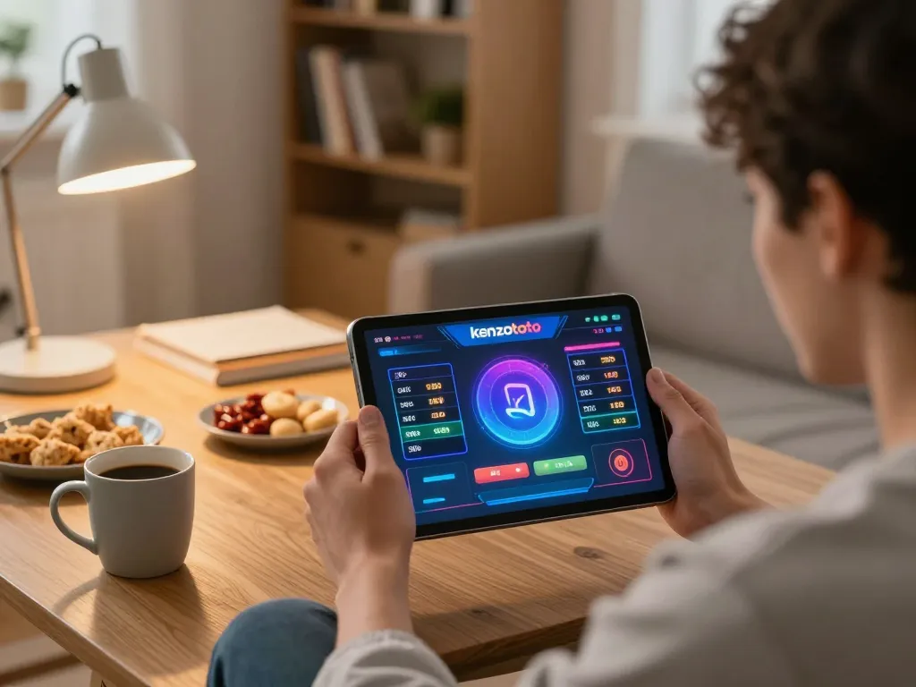 Pemain memeriksa hasil kenzototo di tablet dalam suasana rumah yang nyaman, menampilkan kegembiraan permainan langsung