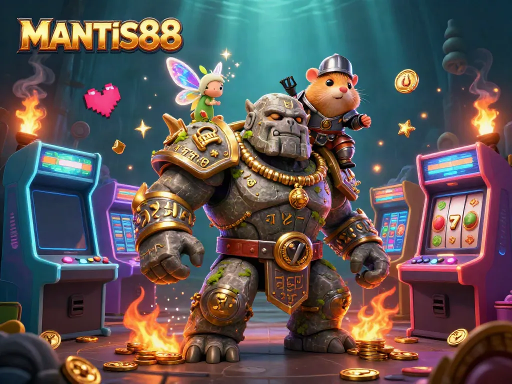 MANTIS88 offers a thrilling gaming experience with a vibrant casino-inspired scene featuring fantasy characters.