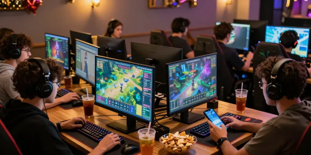 Suasana perjudian natunatoto dengan pemain antusias menggunakan perangkat untuk bermain game online.