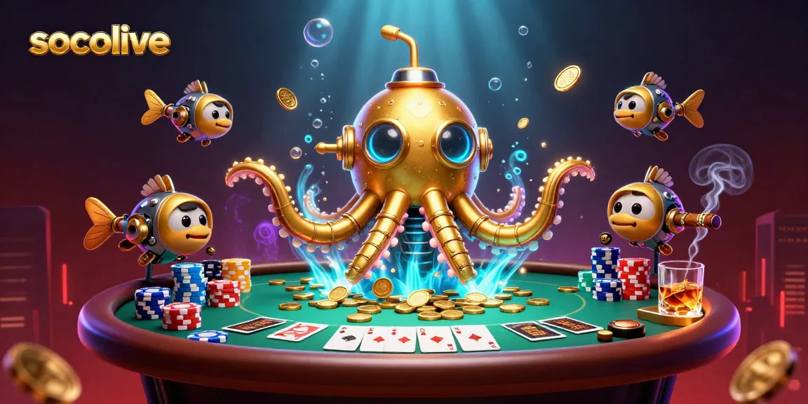 Socolive showcases a thrilling animated scene with a kraken submarine amidst gold coins and poker elements.