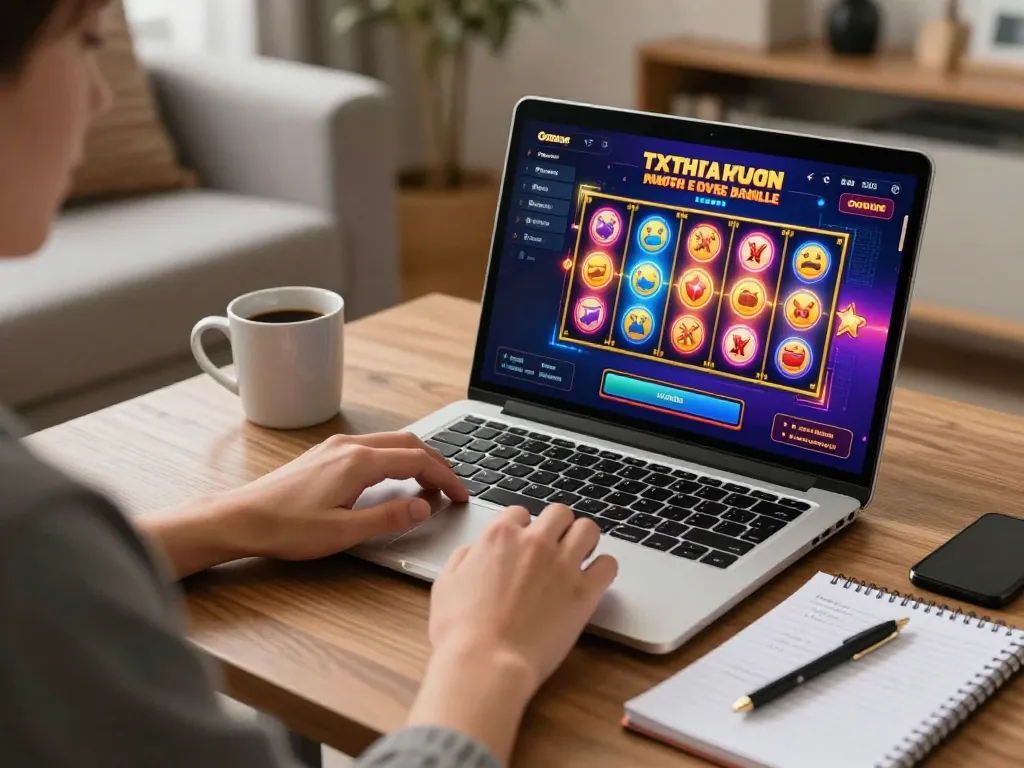 Engaging player enjoying a toto slot game online from a cozy living room setting.